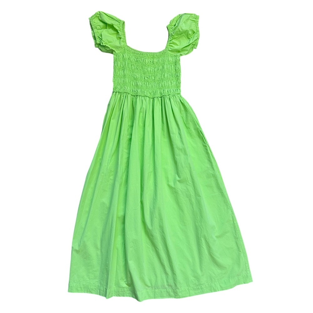 Citrine‎ Lime Green Smocked Cotton Midi Puff Sleeve XS cottage coastal preppy